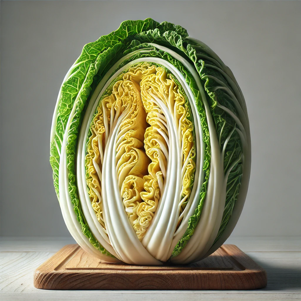 반으로 잘린 신선한 배추의 단면, 안쪽에는 촘촘하고 연한 노란색과 흰색 잎이 보이며 바깥쪽은 초록색 잎으로 감싸져 있음.