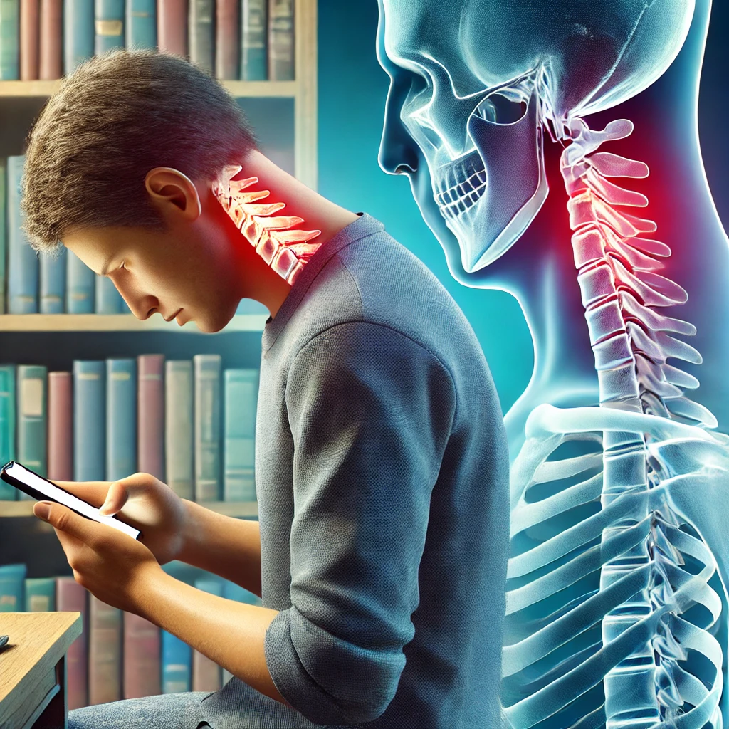 구부정한 자세로 스마트폰 보는 이미지와 이로 인한 목질환 X-ray 이미지
