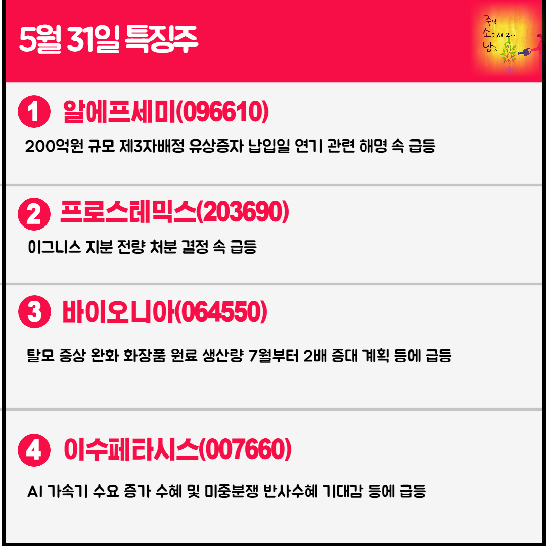 5월 31일 오늘의 특징주