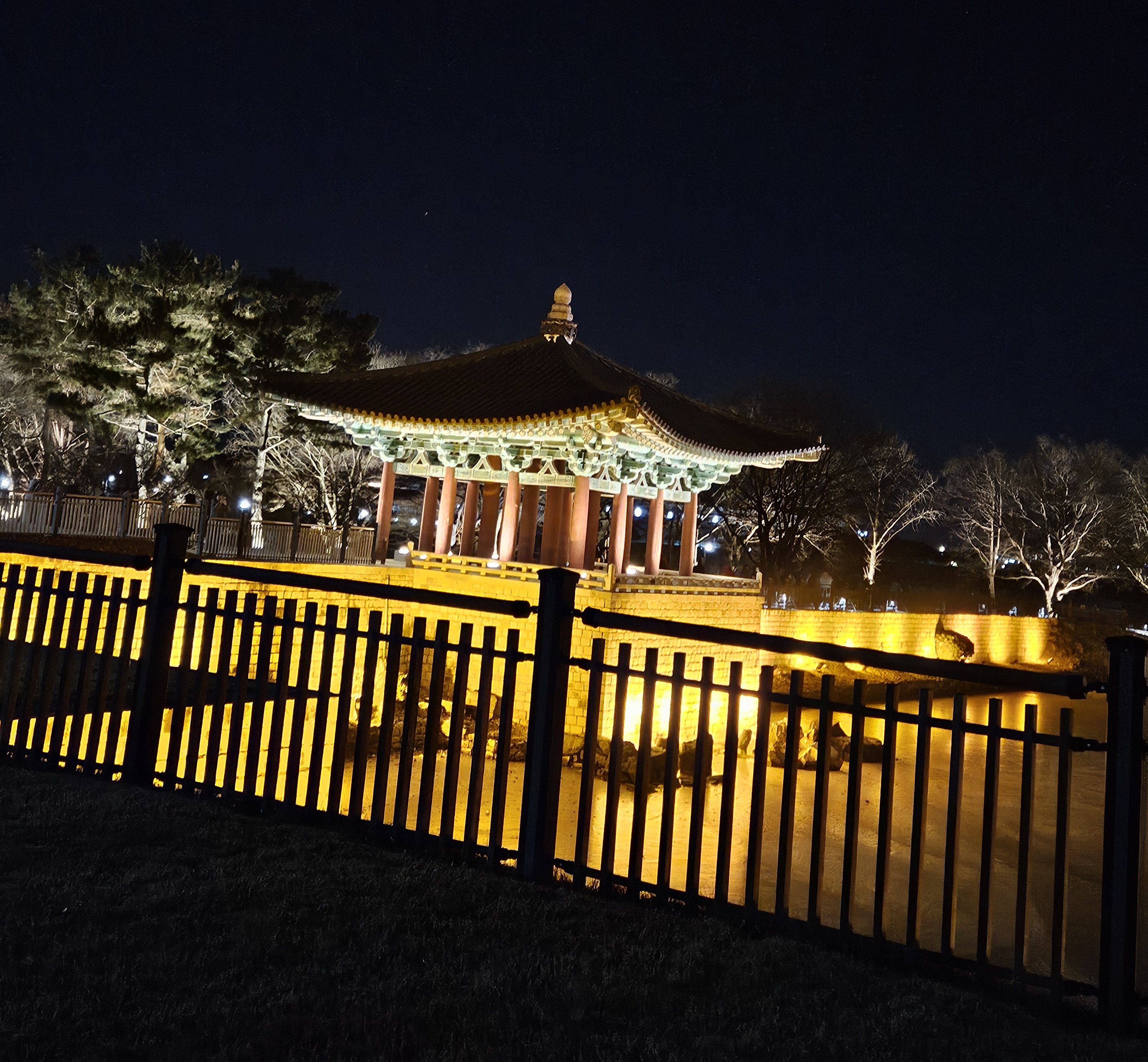 밤하늘 아래 조명이 켜진 경주 동궁과 월지의 아름다운 야경 전경