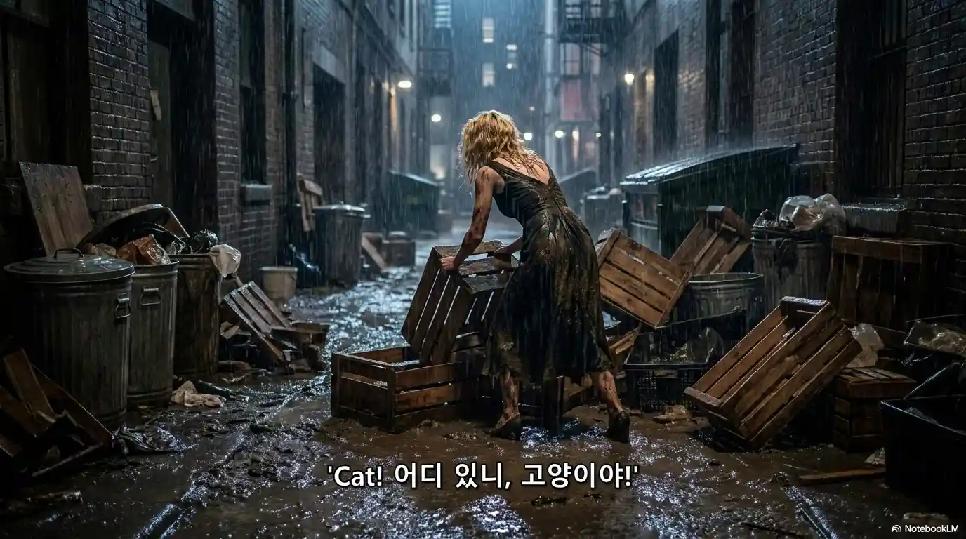 빗속에 고양이를 찾는 홀리의 모습