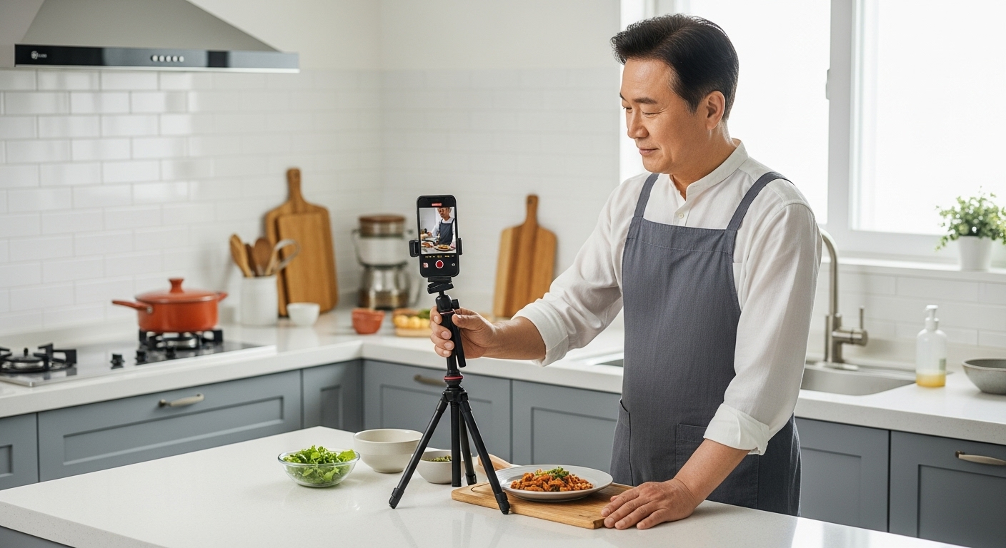 중년 남성이 집 주방에서 스마트폰과 작은 삼각대를 이용해 요리 과정을 촬영하는 모습. 쉽고 간편하게 일상 콘텐츠를 만드는 장면을 보여준다.