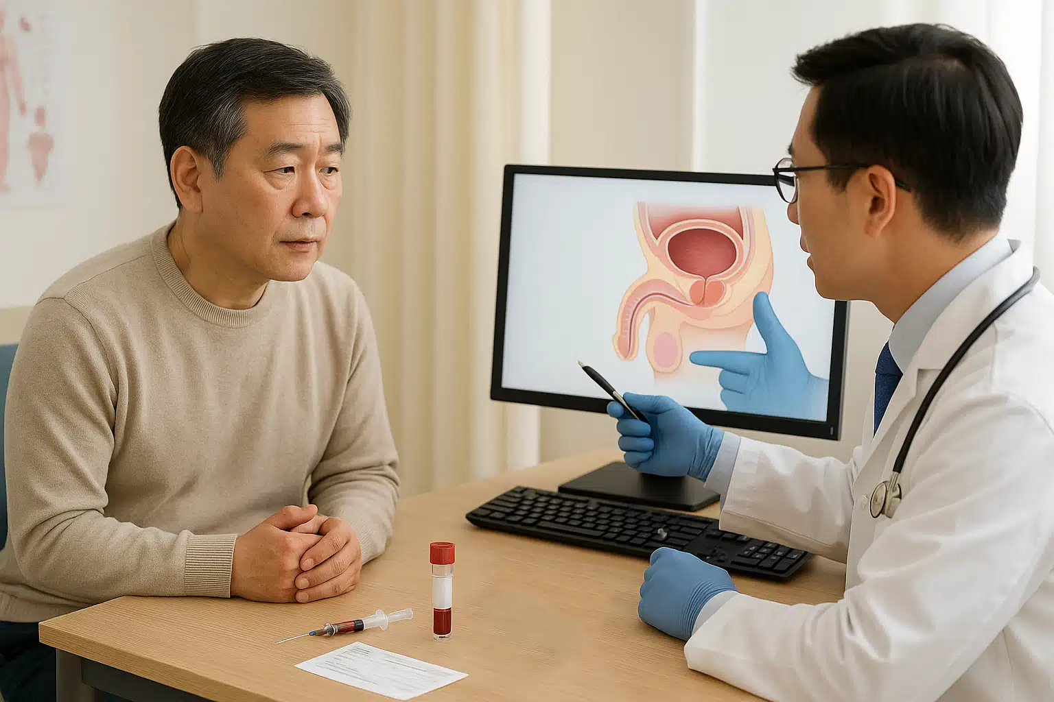 비뇨의학과 진료실에서 의사와 상담하는 중년 남성, 진단을 위해 전립선 검사(PSA 혈액검사, 직장수지검사)를 설명하는 장면