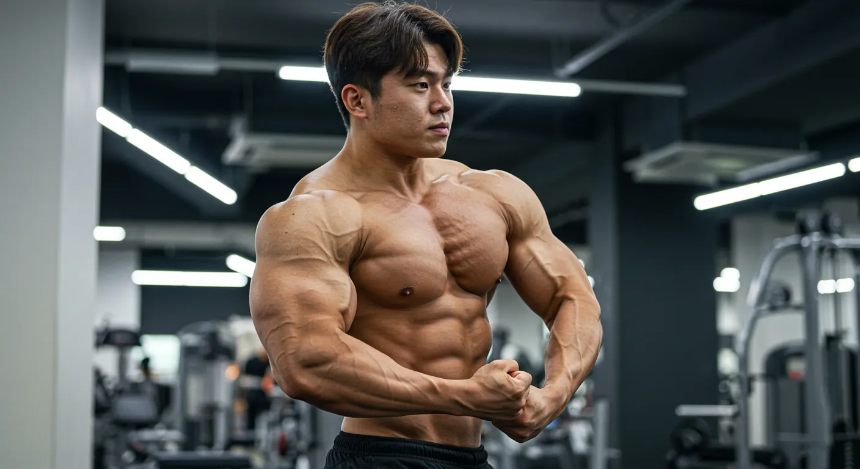 헬스장에서 보디빌딩 포즈를 하고 있는 남성 이미지