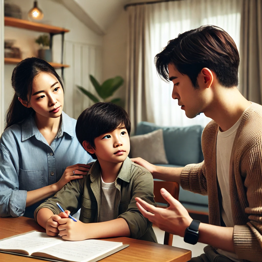 식탁에서 아들에게 갈등 해결 방법을 설명하는 부모, 자신의 감정을 이야기하는 아들과 이를 경청하며 조언하는 어머니, 해결책을 제안하며 따뜻하게 격려하는 아버지, 밝은 자연광과 깔끔한 인테리어가 어우러진 장면.