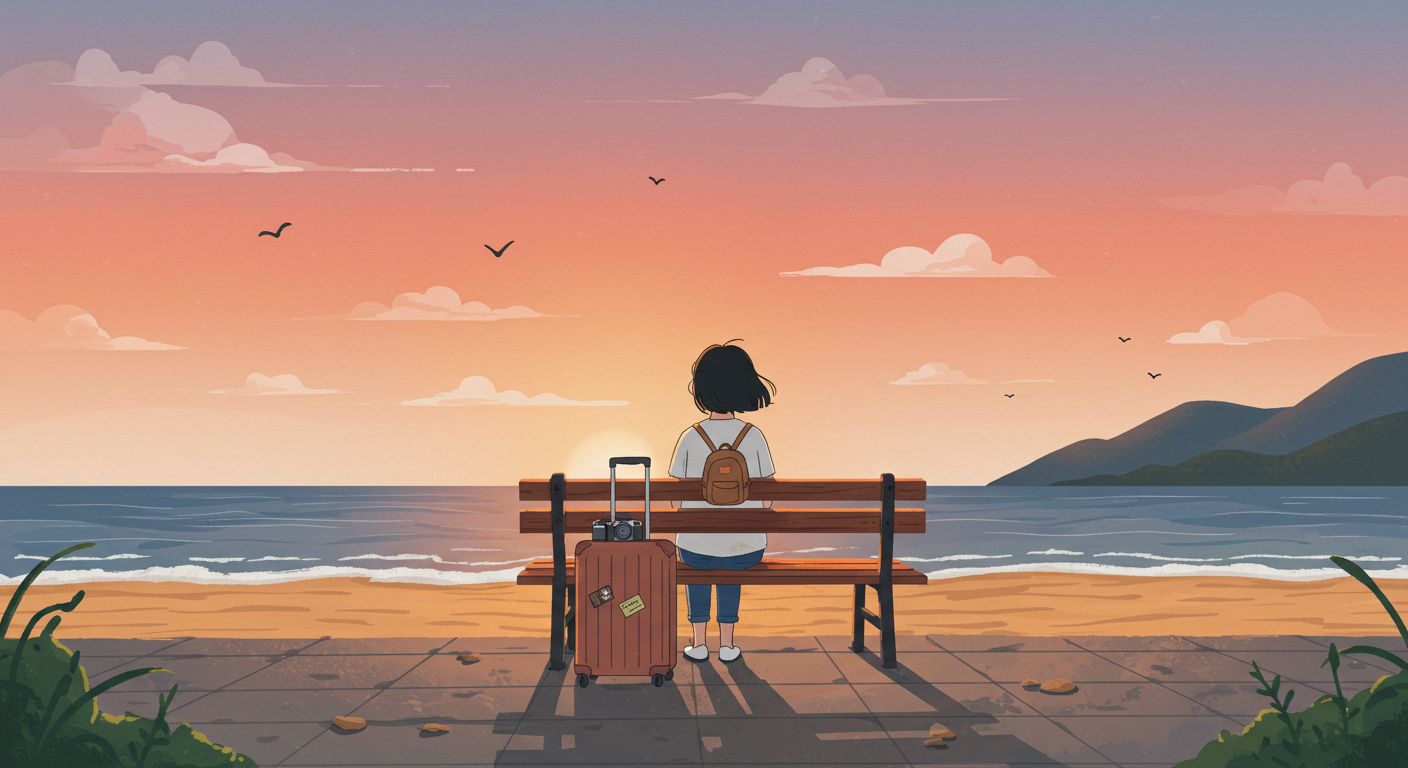 여름 부산 여행을 마무리하는 감성적인 장면 일러스트