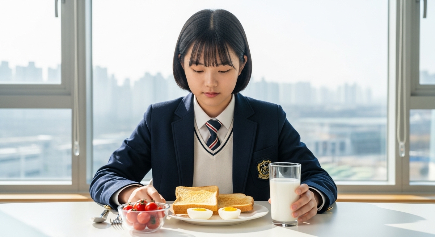 수능을 앞둔 한국의 고등학생이 아침 식사로 삶은 달걀, 통곡물 빵, 방울토마토, 우유를 먹으며 집중된 표정으로 앉아 있는 모습. 아침 햇살이 창문을 통해 들어오며 차분한 분위기를 연출한다.