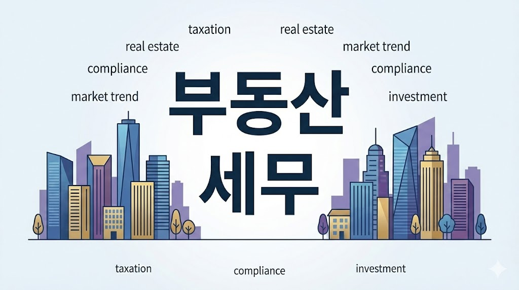 부동산 세무 전반과 자산 관리의 핵심을 보여주는 세련된 이미지