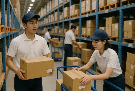 일본 물류센터에서 아르바이트 하는 모습입니다.