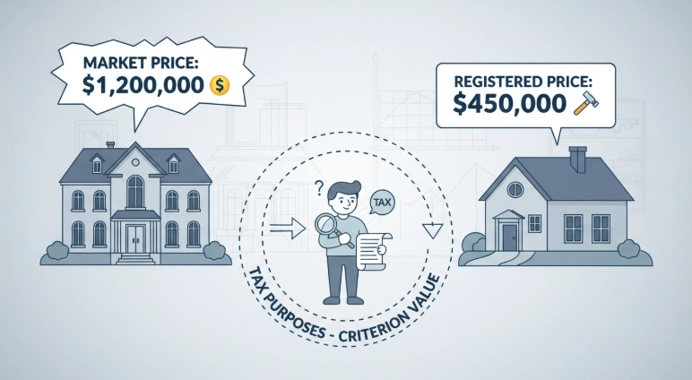 높은 시장 가격 주택과 낮은 등록 가격 주택을 비교하며 기준 시가 요건을 설명하는 그림