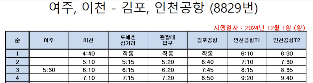8829번 공항버스 시간표 8829 리무진 버스 예매 예약 방법 (여주 이천~김포 인천공항)(24년 12월 1일 변경) 최신시간표 2025