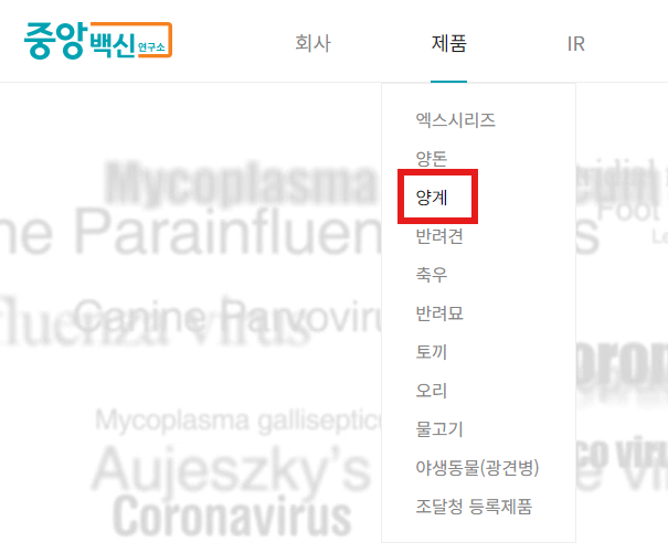 중앙백신 양계 탭에서 관련 정보 확인