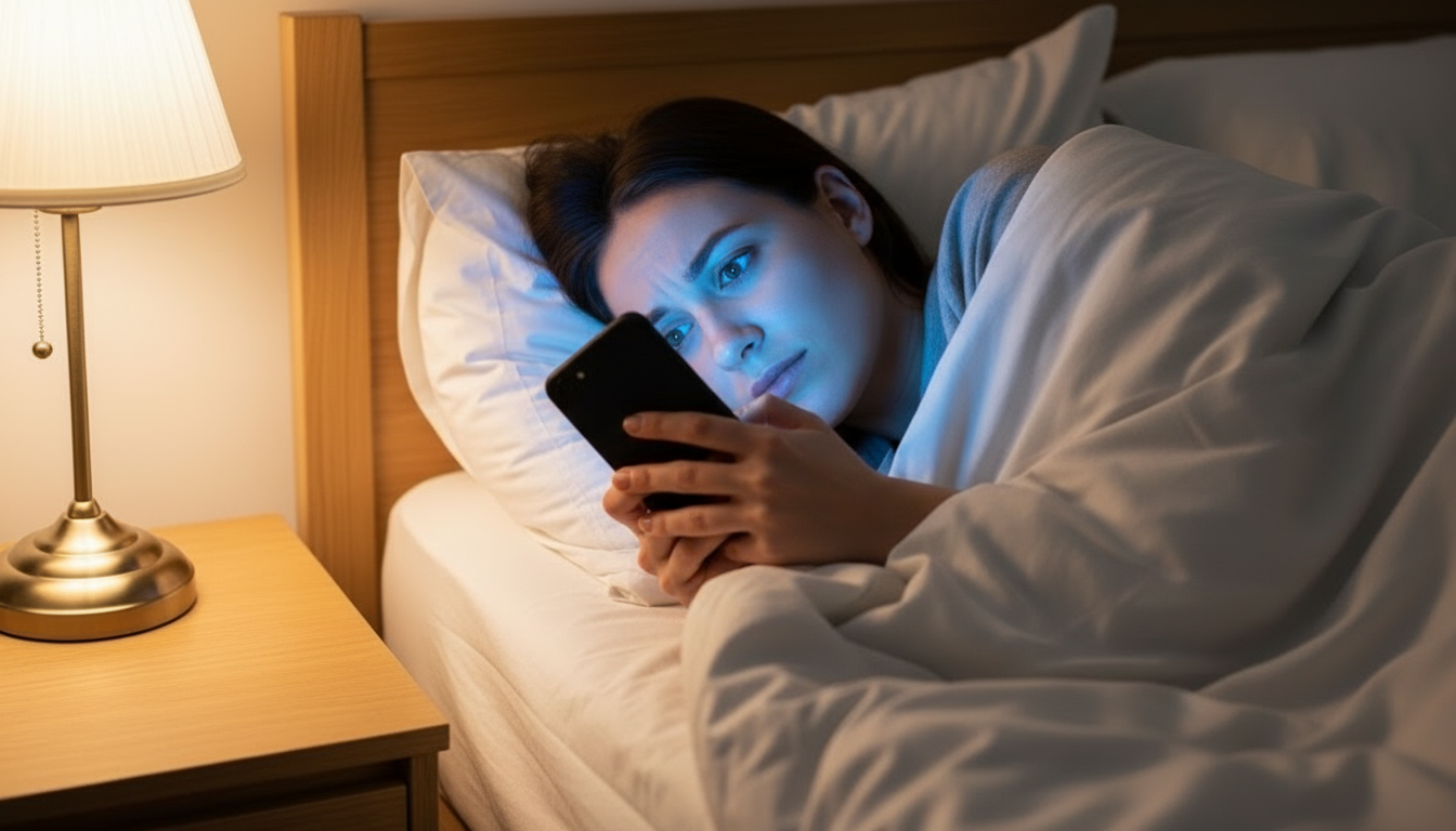 침실에서 스마트폰을 사용해 수면을 방해받는 모습