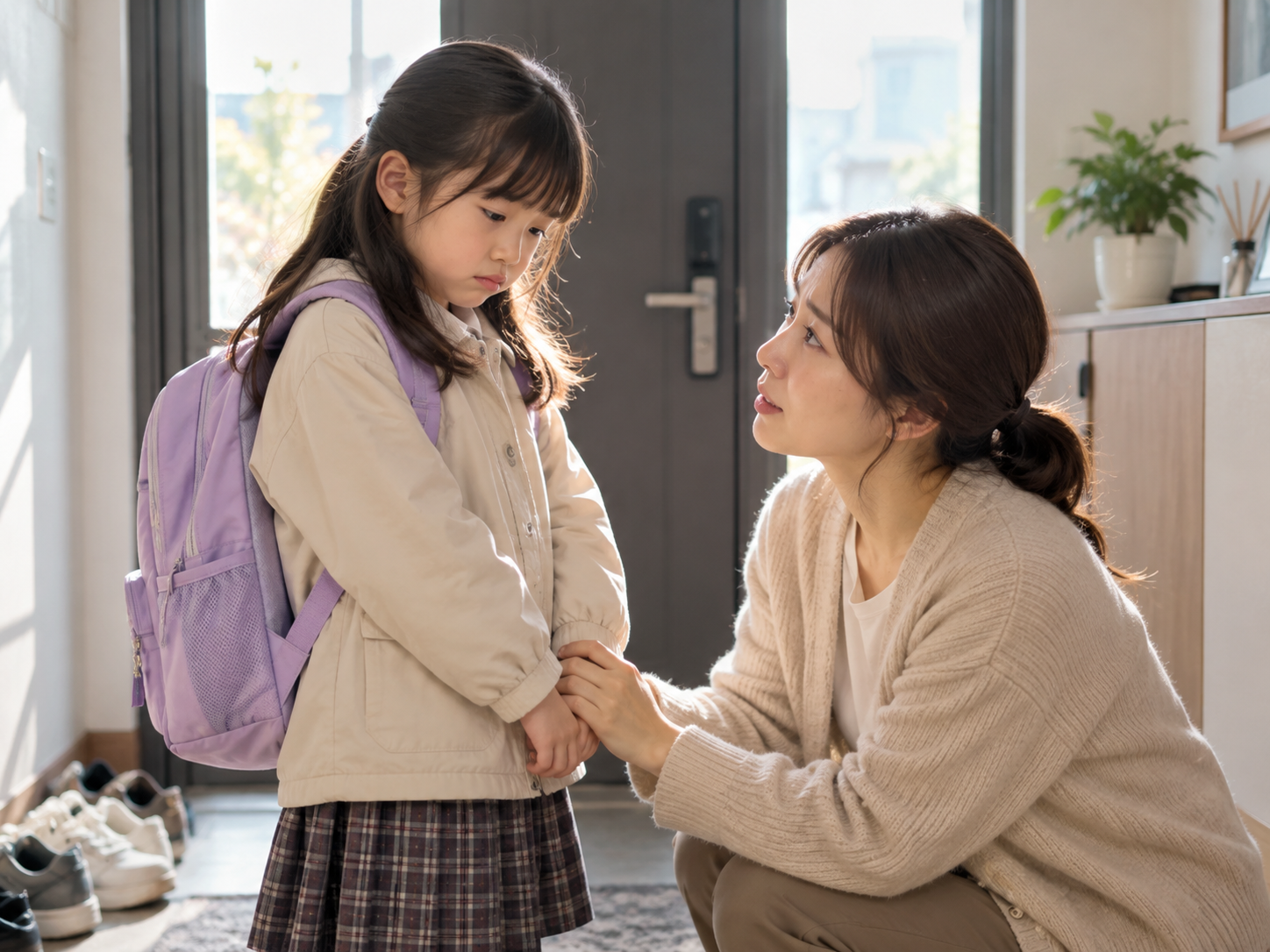 현관에서 위로받는 아이