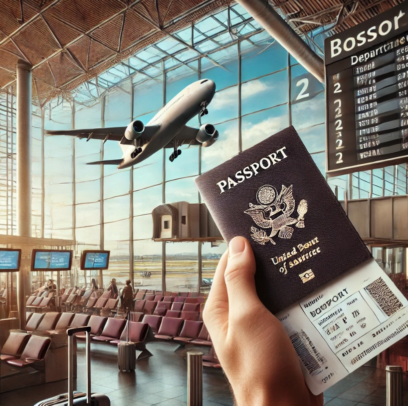 공항에서 여권을 들고 있는 모습