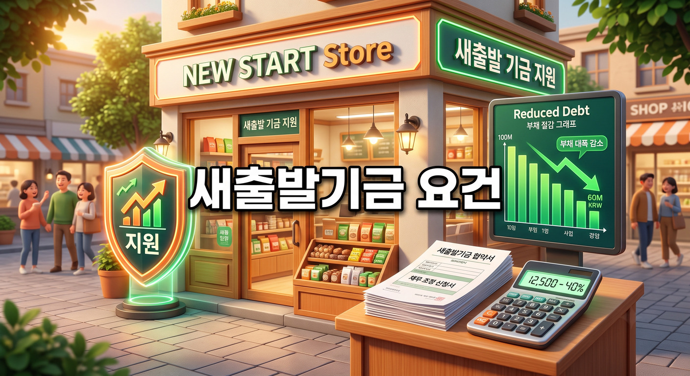 빛나는 디지털 방패의 보호를 받는 밝은 상점과 그 옆으로 부채가 감소하는 빨간색 그래프를 보여주는 재무 문서 및 계산기가 놓인 3D 일러스트 배경에, 짙은 그림자와 외곽선으로 선명하게 강조된 '새출발기금 요건'이라는 한글 문구가 중앙에 적힌 이미지