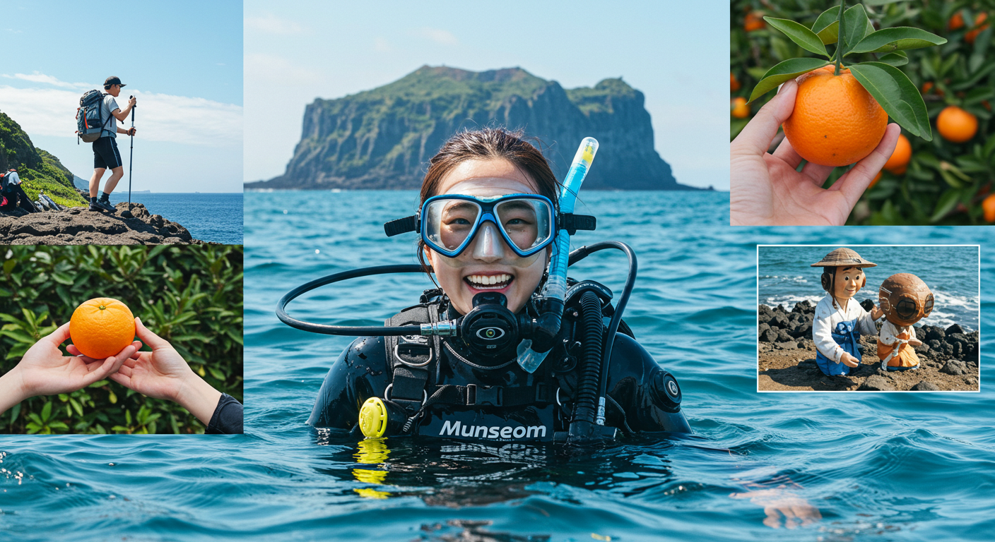 제주에서만 경험할 수 있는 스쿠버다이빙, 올레길 트레킹, 감귤따기, 해녀 체험 등 다양한 액티비티를 즐기는 모습