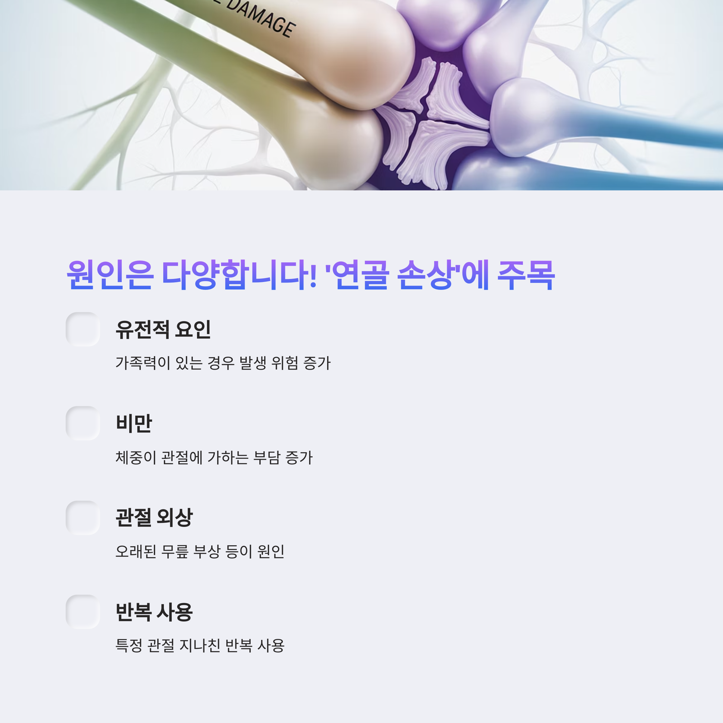 유전, 비만, 외상 등 골관절염의 다양한 위험 요인을 보여주는 시각 자료
