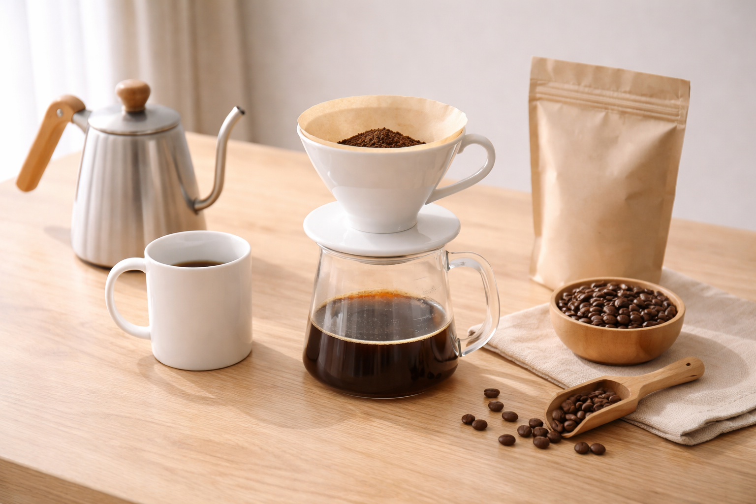 핸드드립 도구와 커피 용어를 떠올리게 하는 드리퍼와 필터 이미지