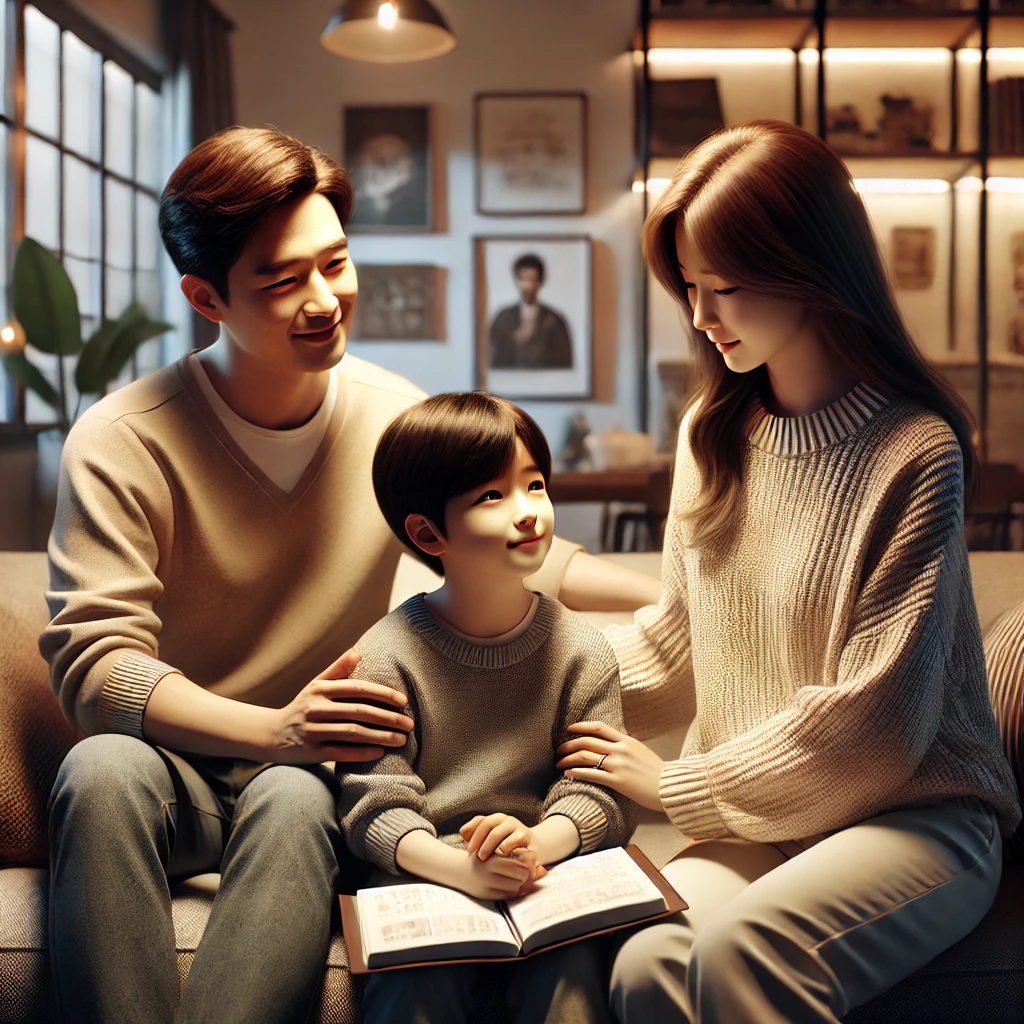 아이가 실패를 소중한 경험으로 받아들이도록 격려하는 현대적인 가족의 모습을 따뜻하게 표현했습니다.