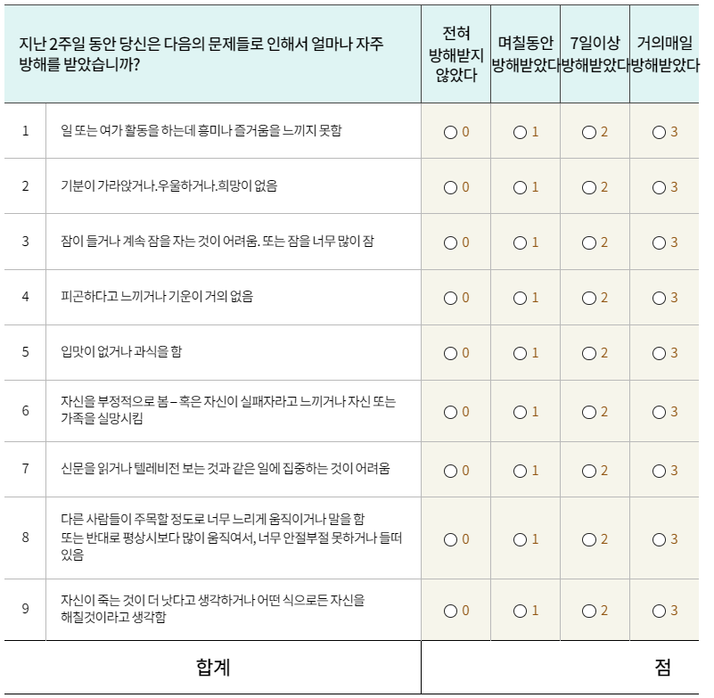 우울증 테스트 설문지의 사진-구체적인 내용으로 다양한 종류의 질문을 선보인다.