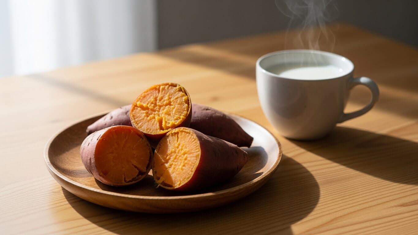 겨울철 간식으로 좋은 찐 고구마와 따뜻한 우유, 장 건강과 면역력에 도움 되는 제철 음식