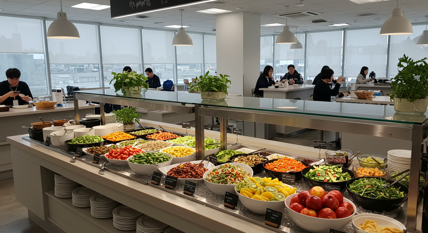 한국 직장인 식당에서 제공되는 샐러드와 과일 등 건강식 메뉴