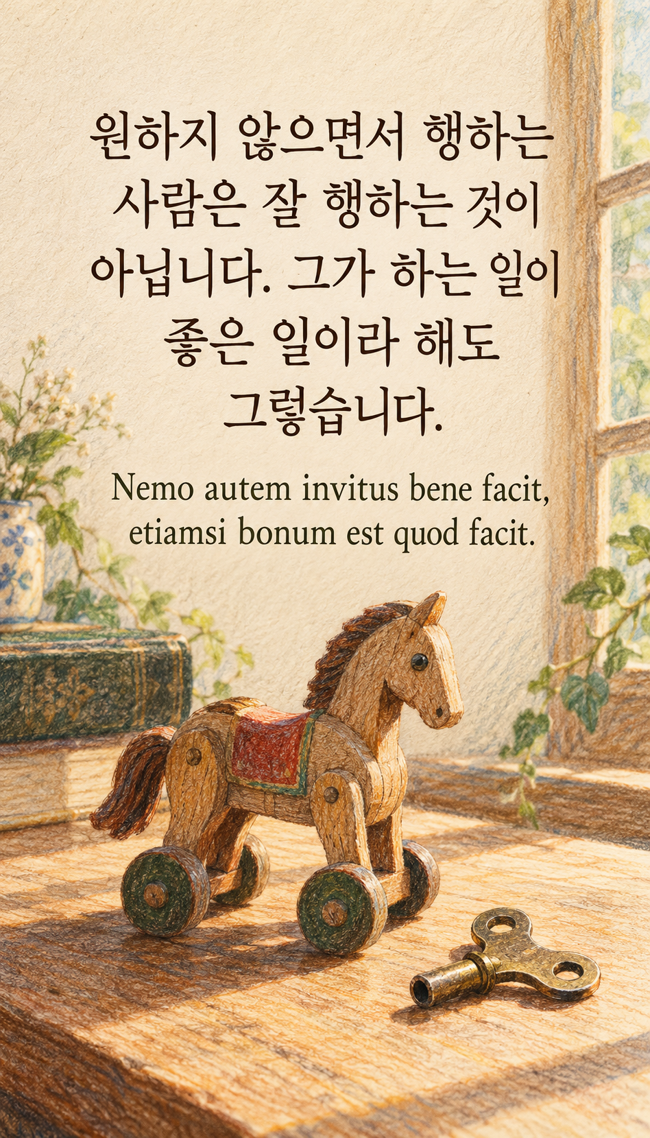 원하지 않으면서 행하는 사람은 잘 행하는 것이 아닙니다. 그가 하는 일이 좋은 일이라 해도 그렇습니다. — 종이 질감 위에 색연필로 그린 태엽 장난감과 열쇠, 종이 질감의 색연필 그림