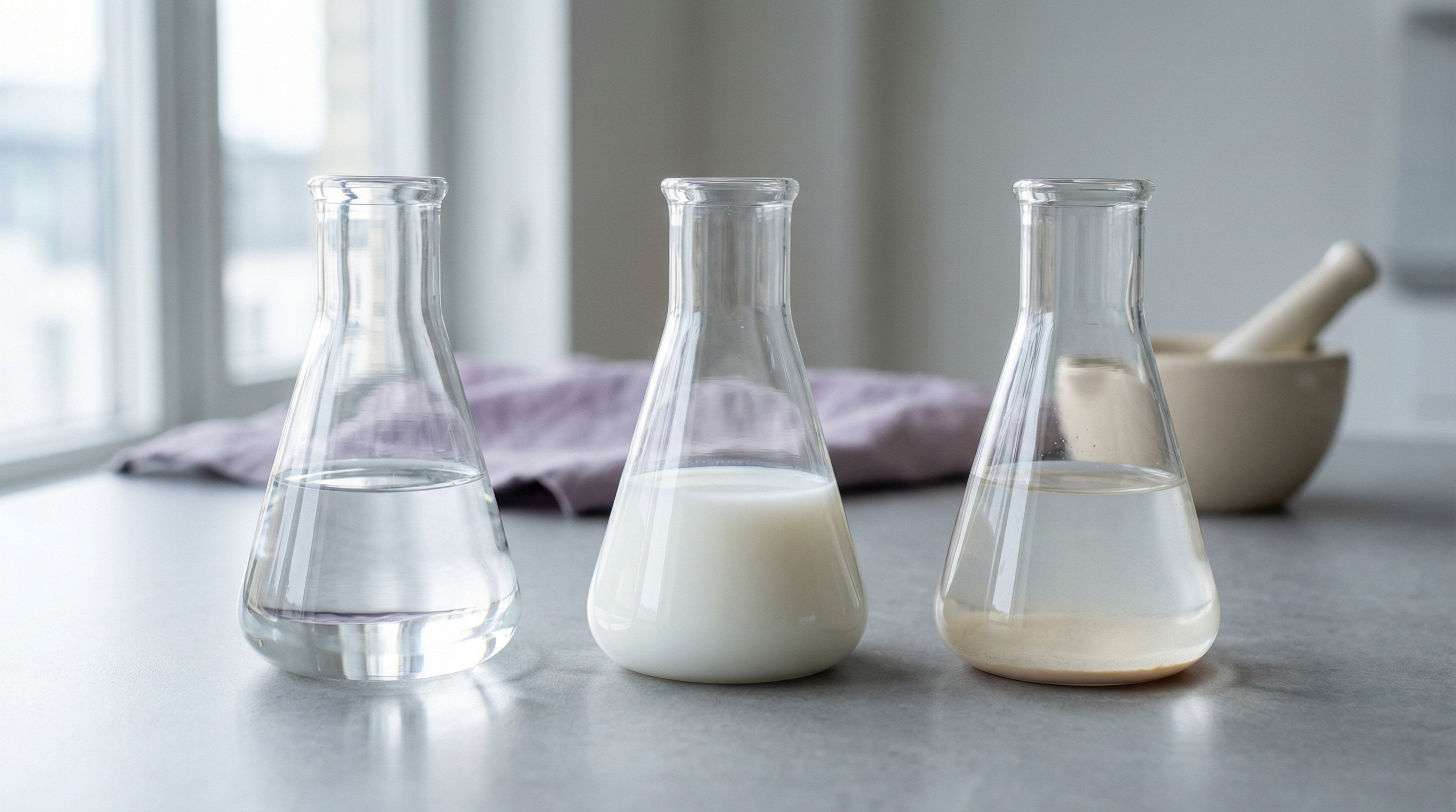 투명한 액상, 우윳빛 유화액, 바닥에 침전이 보이는 분산액을 나란히 비교한 사진입니다. 겉모습만으로도 가용화&middot;유화&middot;분산의 차이를 직관적으로 이해할 수 있어요.