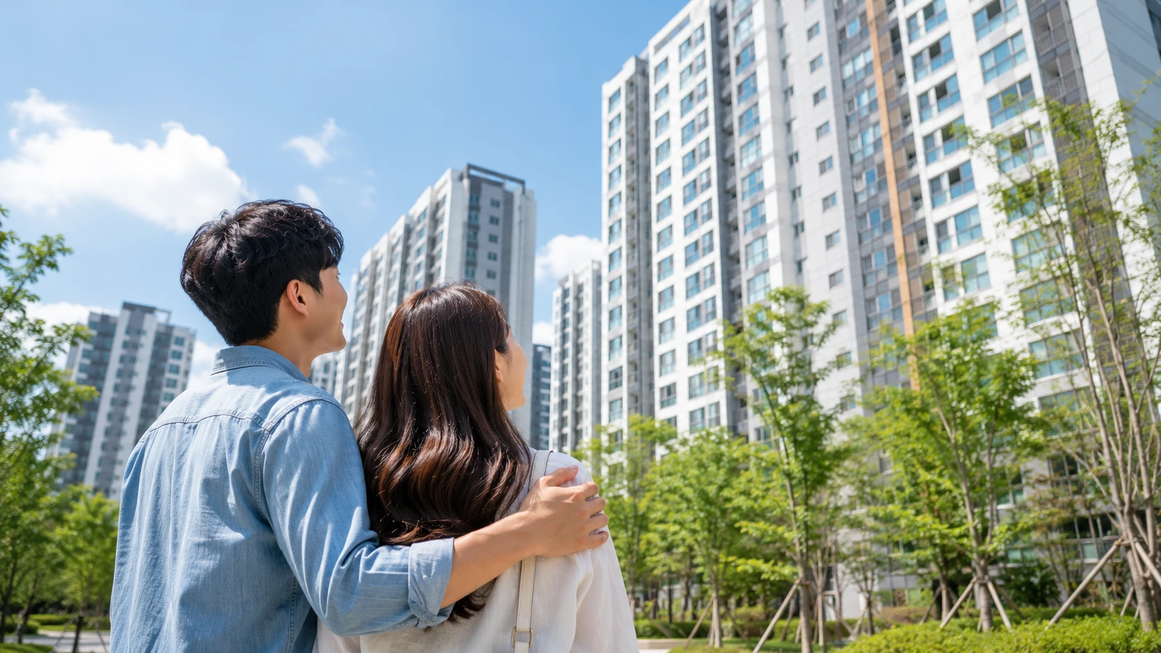 신축 아파트 단지를 바라보며 내 집 마련의 꿈을 키우는 청년 부부 모습