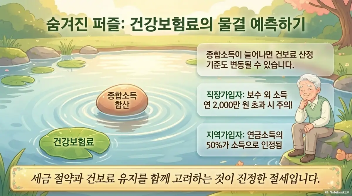 연금소득 종합소득세: 연금소득이 건강보험료에 미치는 영향을 연못의 물결로 시각화한 이미지. 직장가입자는 보수 외 소득이 연 2000만 원 초과 시 추가 건강보험료가 부과되고 지역가입자는 연금소득의 50퍼센트가 소득으로 인정된다는 점을 안내하며 세금 절약과 건보료를 함께 고려하라는 메시지를 전달함