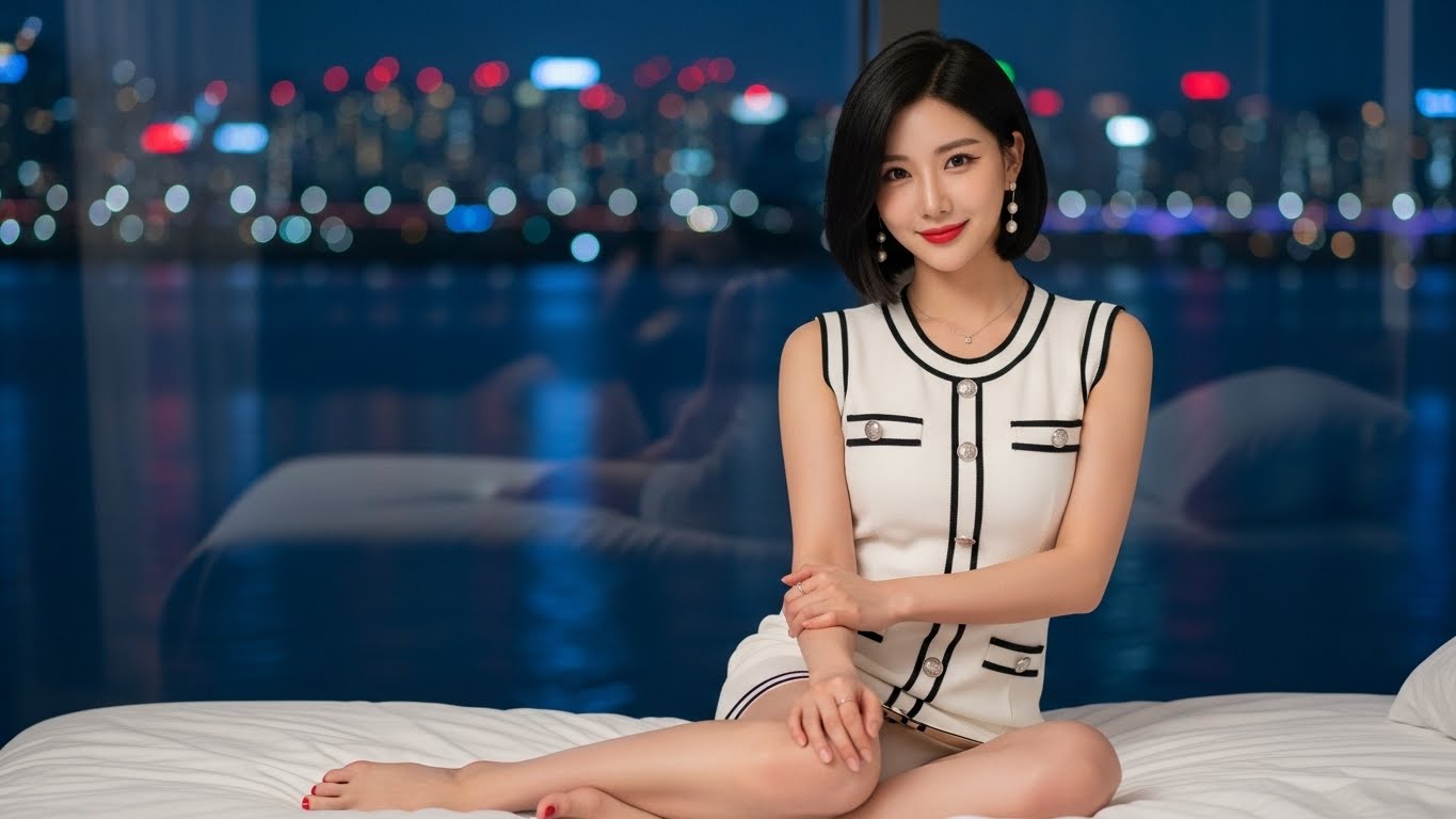 아름다운 한국인 여성이 침대에 앉아 있는 모습