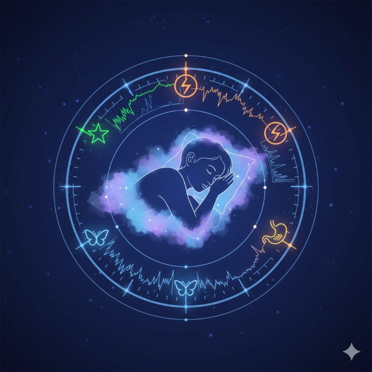 평화롭게 잠든 사람의 실루엣과 그 위로 다양한 호르몬 분자들(성장호르몬, 코르티솔, 렙틴, 그렐린)이 시계 방향으로 순환하는 모습을 시각화. 24시간 생체리듬 시계와 함께 각 시간대별 호르몬 분비를 그래프로 표현. 부드러운 파란색과 보라색 그라데이션의 밤 분위기. 평온하고 과학적인 의학 일러스트