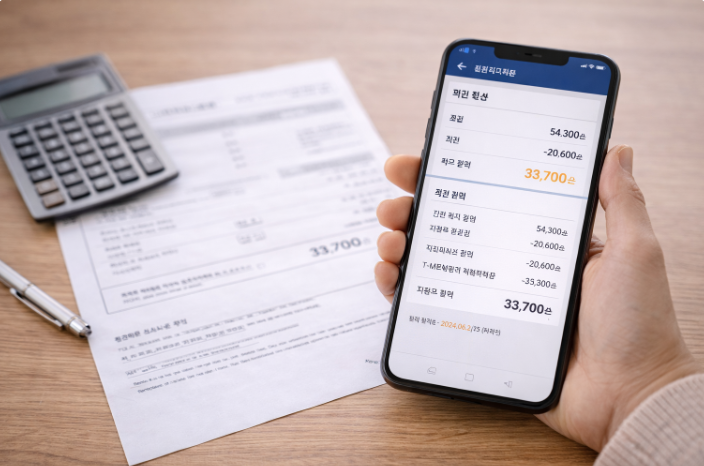 스마트폰으로 통신비 청구 내역을 확인하며 할인 적용 여부를 점검하는 모습