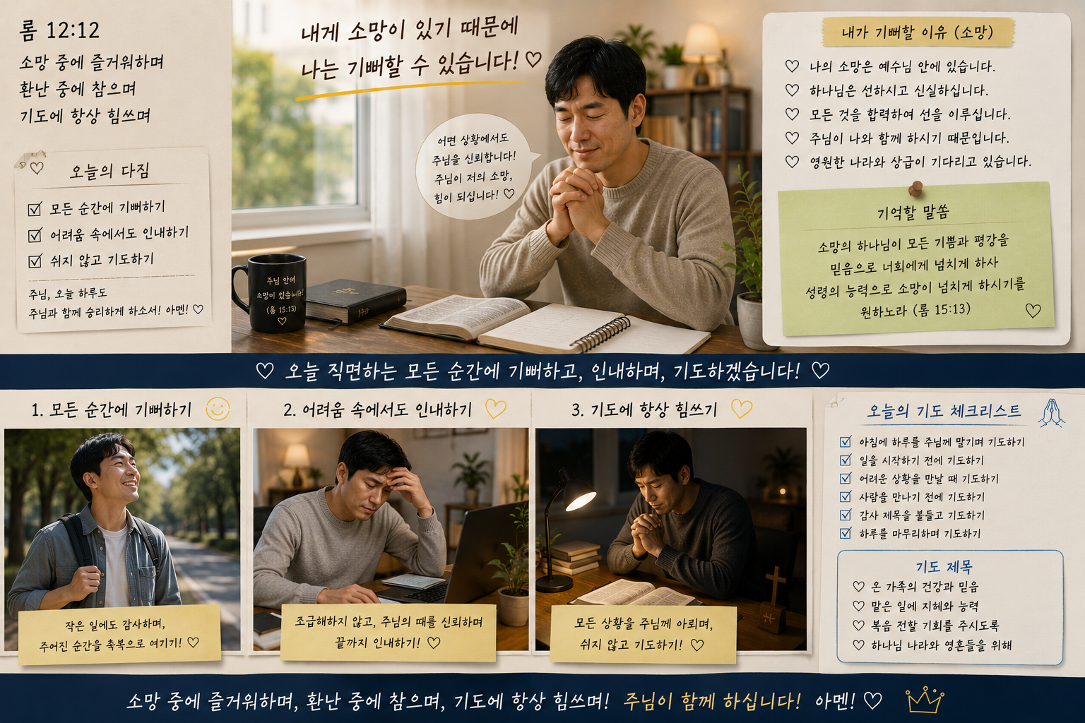 롬 12:12 말씀에서 제가 기뻐할 이유는 제게 소망이 있기 때문이며&amp;#44; 어려움 속에서도 인내하며 모든 순간에 기도할 것을 도전하셨는데&amp;#44; 오늘 직면하는 모든 순간에 기뻐하고 인내하며 기도하려는 시도를 하는 모습입니다.