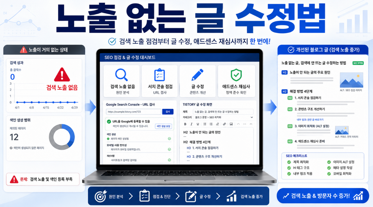 애드센스 재심사 전 검색 노출이 없는 글을 서치 콘솔로 점검하고 수정하는 방법 이미지