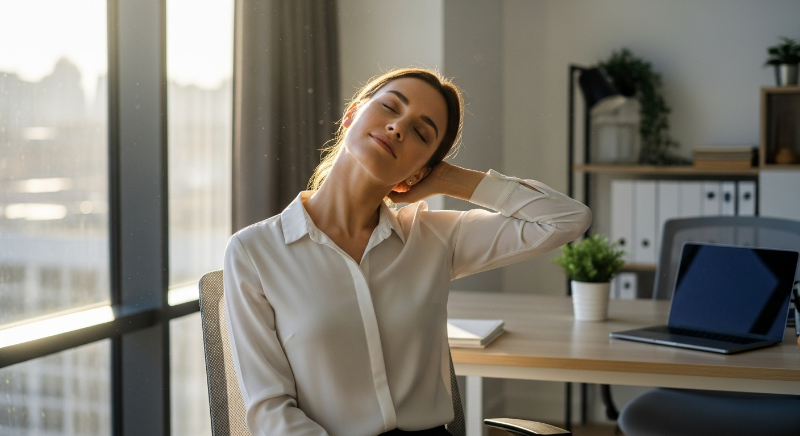 바쁜 점심시간, 사무실 의자에 앉아 목과 어깨를 스트레칭하며 잠시 휴식을 취하는 30대 여성 직장인의 평화로운 모습.