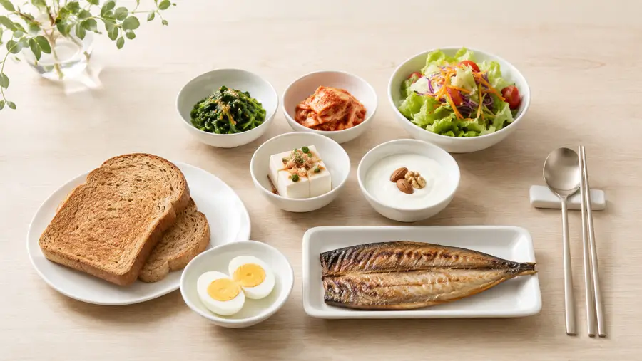 통밀 토스트, 삶은 달걀, 무가당 요거트, 두부, 구운 생선과 신선한 채소가 균형 있게 놓인 한국식 건강 식탁
