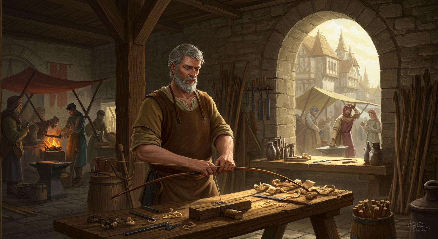 중세 유럽 봉건사회 활 제조자 (Bowyer)자 활을 만들고 있는 모습