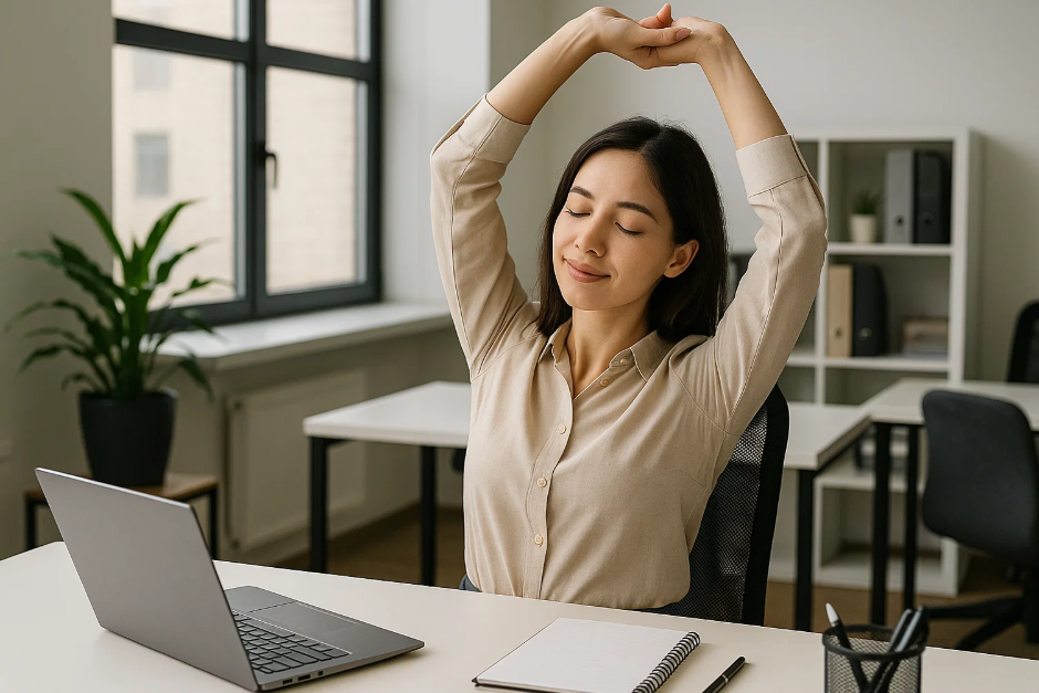 사무실에서 스트레칭 하는 여성 사진