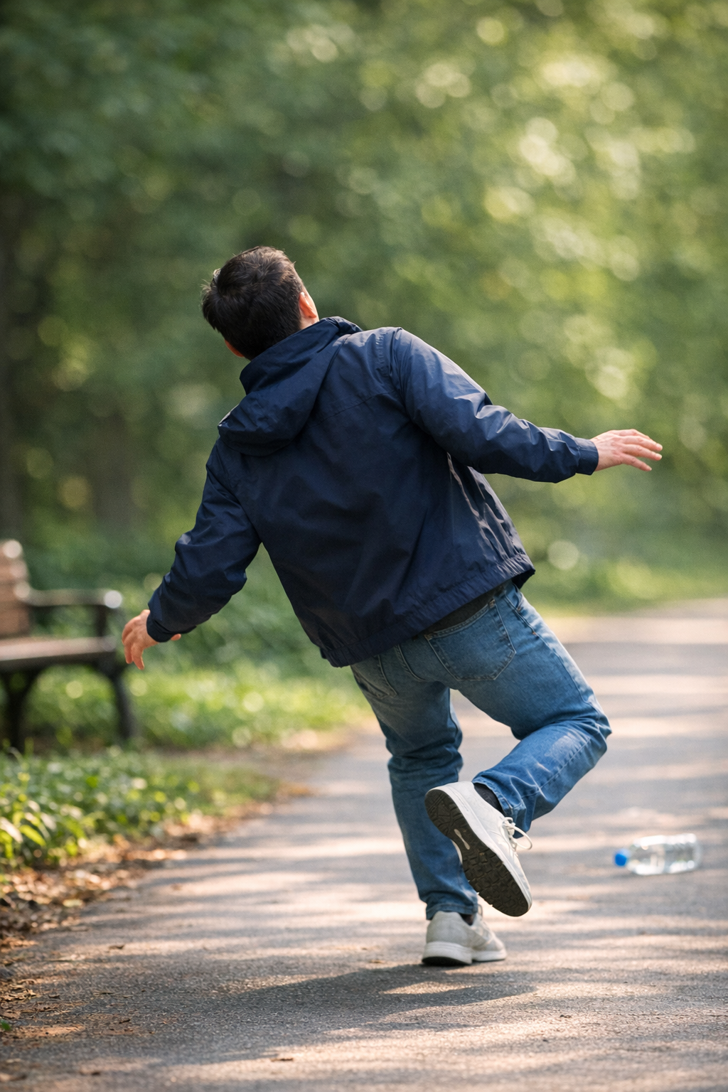 공원 산책로에서 뒤로 넘어지며 머리를 부딪힐 수 있는 상황