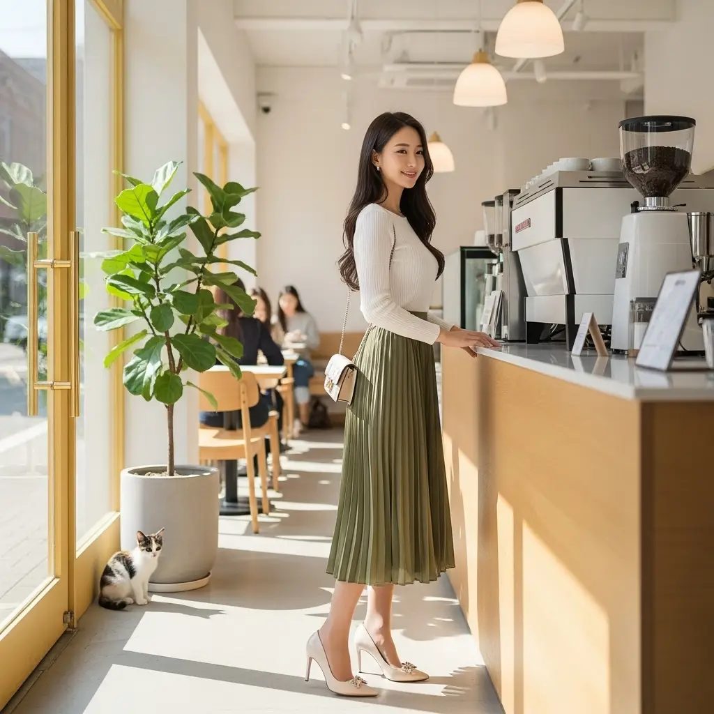 세련된 카페 카운터 앞에서 주문을 기다리며 서 있는 20대 한국 여성의 편안한 모습