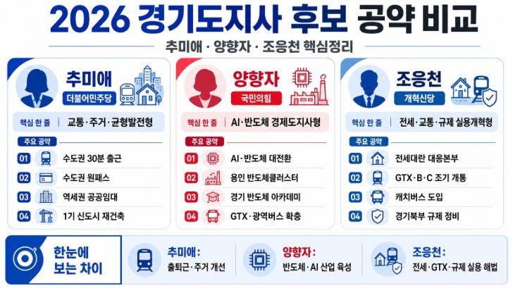2026 경기도지사 후보 공약 비교 추미애 양향자 조응천 핵심정리