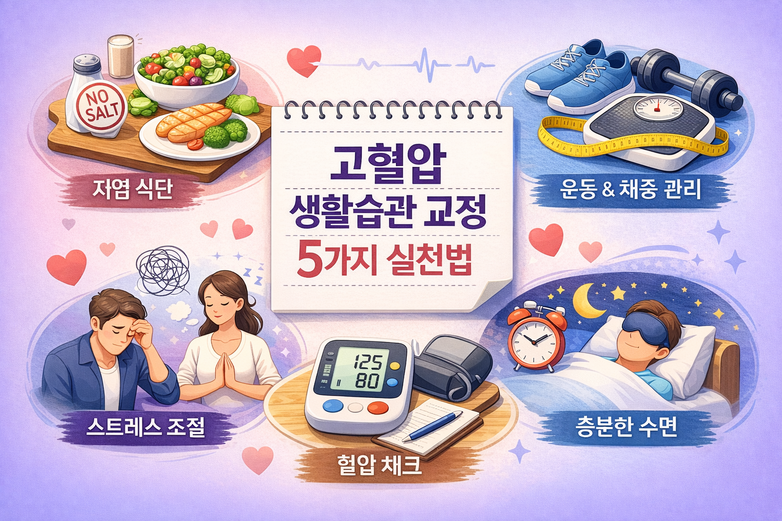 고혈압 생활습관 교정 방법 5가지 인포그래픽 저염 식단 운동 체중관리 스트레스 관리 수면 혈압 체크