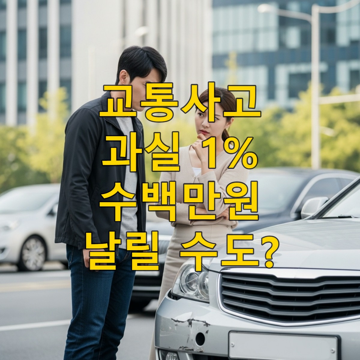 교통사고 후 차 옆에서 과실비율 문제로 걱정하는 한국인 남녀.