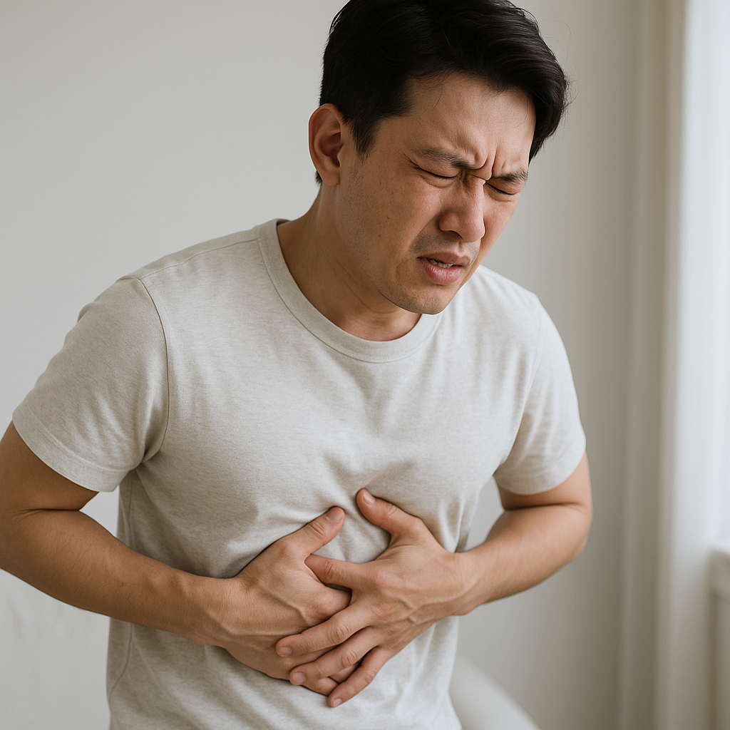 급성 췌장염 초기증상으로 복부를 움켜쥐고 고통스러운 표정을 짓는 젊은 남성의 모습