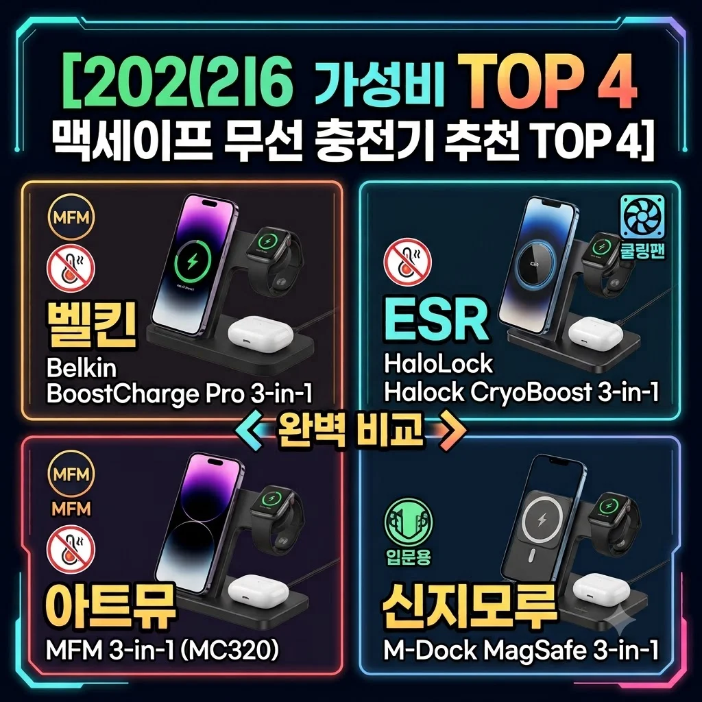 2026 가성비 3in1 맥세이프 무선 충전기 추천 TOP 4 벨킨 ESR 아트뮤 신지모루 비교 고속 15W 발열 방지 구매 가이드