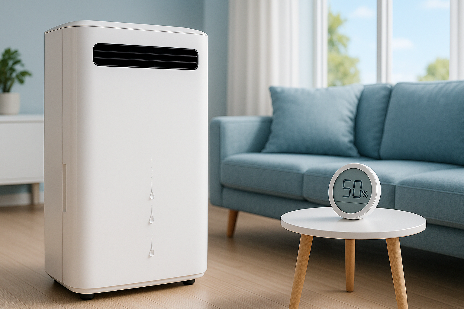 깔끔하고 현대적인 거실에 세련된 흰색 제습기가 놓여있는 모습