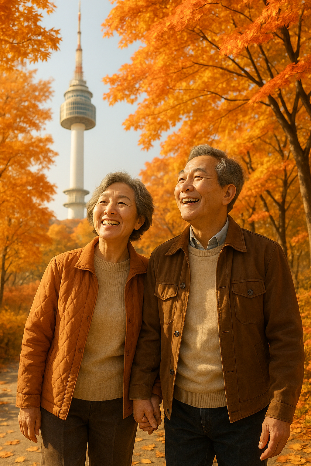 서울 남산타워에서 단풍 구경하는 노부부의 따뜻한 풍경, 가을 분위기, 햇살 가득한 날씨, chat gpt 이미지 생성