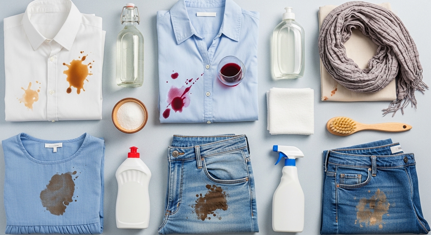 다양한 옷 얼룩과 베이킹소다, 식초, 세제 등 집에서 얼룩 제거에 사용할 수 있는 도구들이 깔끔하게 배치된 모습
